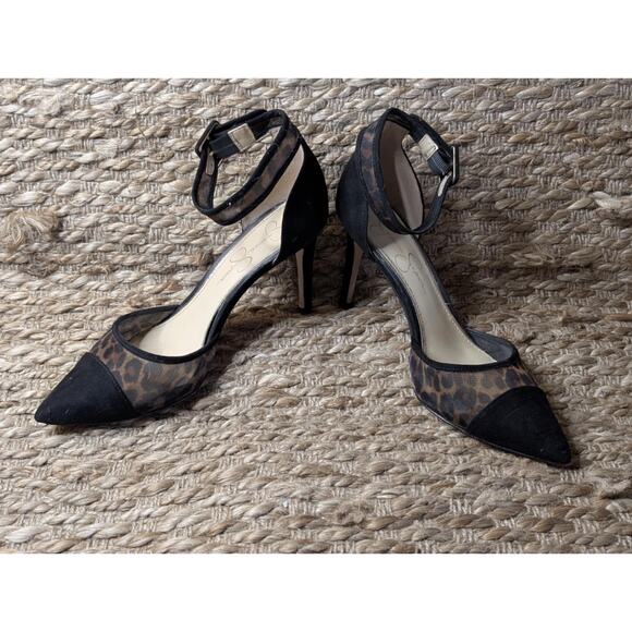 Jessica Simpson Size 8.5 Camania Mesh Cheetah Black Faux Suede Pointed Toe Heels - Picture 4 of 12